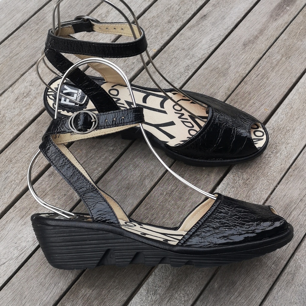 Fly London Black Patent Leather Wedge Sandals